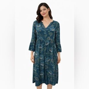 FINAL SALE $10 J Jill Teal Floral V-Neck Midi Dress Size Small - Modest, Spring